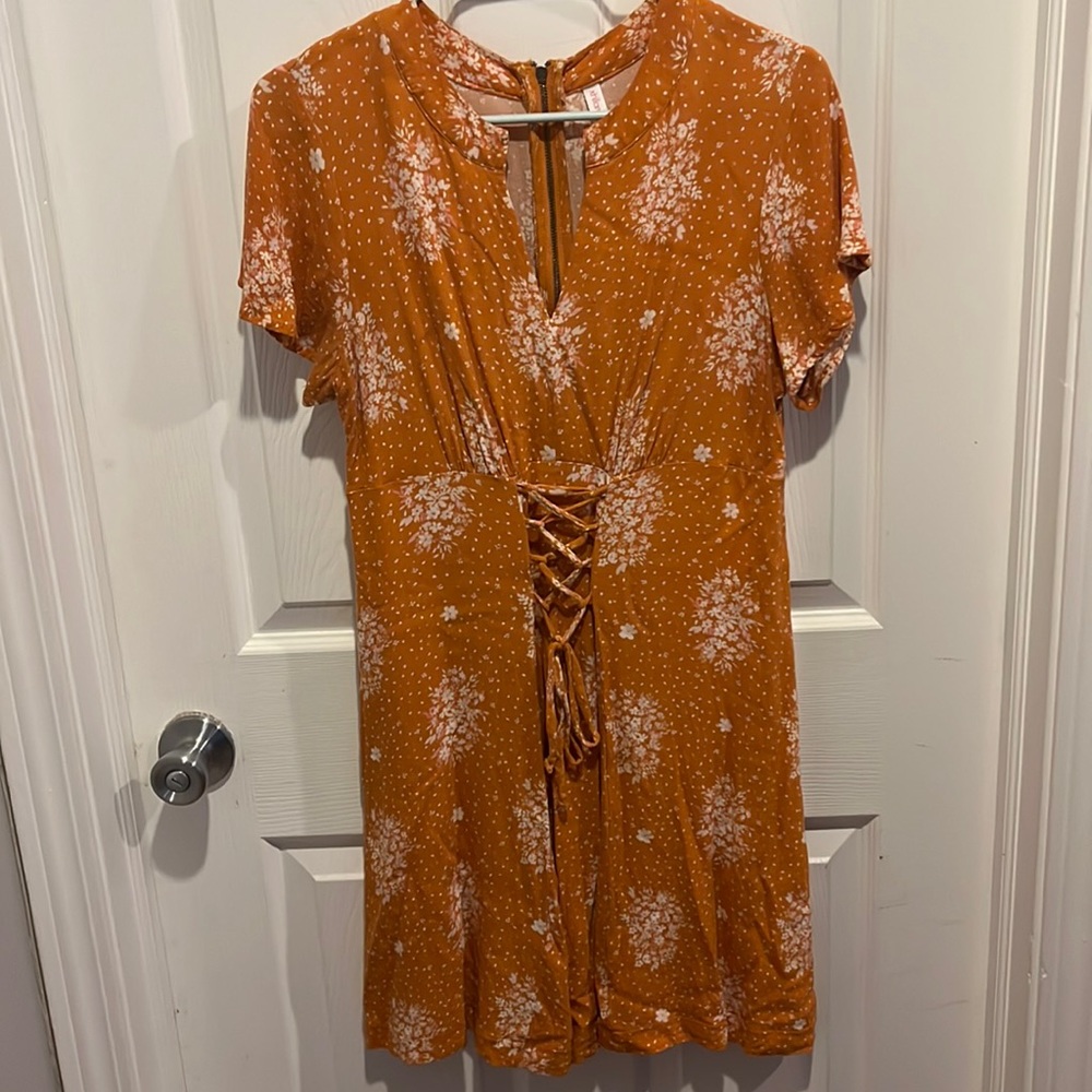 Xhilaration mustard/orange mini dress with corset lacing